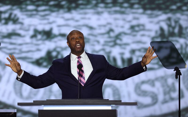 South Carolina Senator Tim Scott speaks during Day 1 of the Republican National Convention (RNC), at the Fiserv Forum in Milwaukee, Wisconsin, U.S., July 15, 2024.