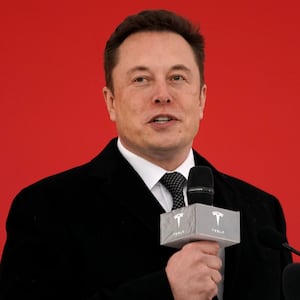 Elon Musk speaks into a microphone on stage.