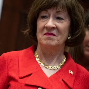 US Senator Susan Collins, Republican of Maine, stands alongside Donald Trump