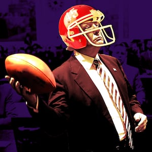 A photo illustration of former President Donald Trump throwing a football.