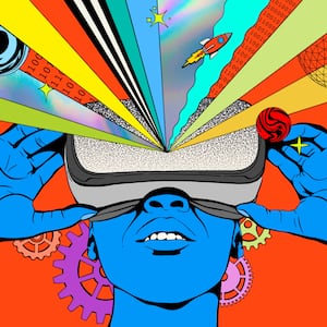 Illustration of a person with a VR headset with bright colored lines emerging from the goggles.