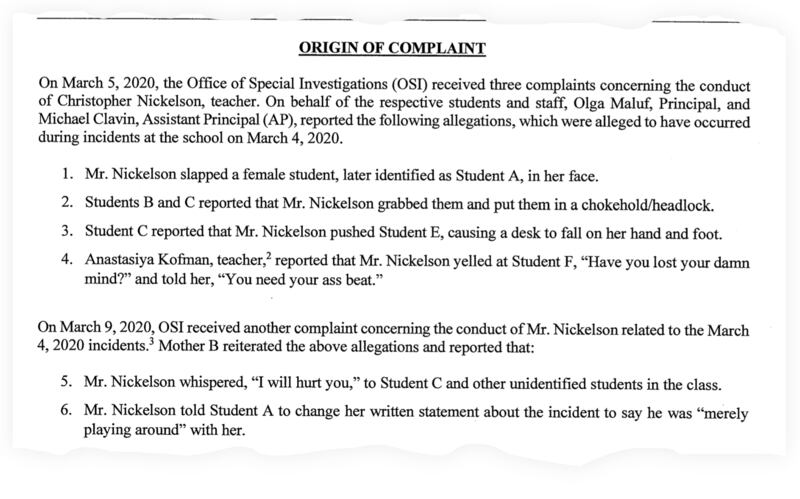 A snippet of one of the court filings in the BOE’s case against teacher Christopher Nickelson, outlining some of the complaints against him.