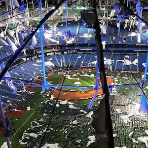 Footage of the Tropicana field ripped to shreds by Hurricane Milton