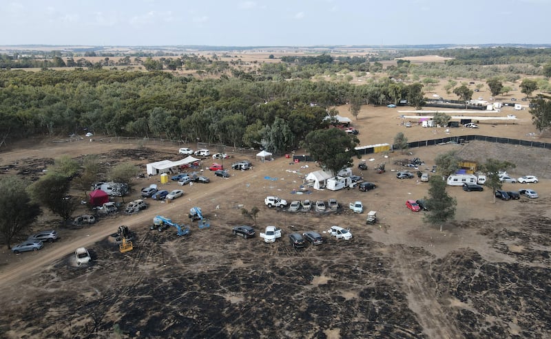 An aerial picture shows the site of the weekend attack on the Supernova desert music Festival 