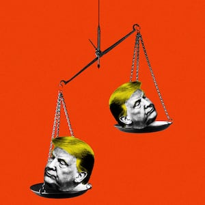 An illustration including photos of Trump and an Imbalanced Weight Scale