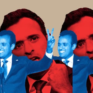 A photo illustration that shows Vivek Ramaswamy throwing peace signs overlayed with him making a fist