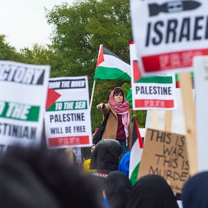 Residents of Detroit and the Arab Community of Dearborn march in support of Palestinians on October 14, 2023 in Dearborn, Michigan.