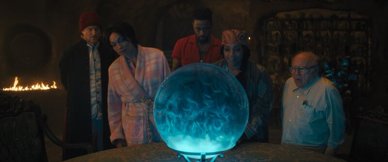 Owen Wilson as Father Kent, Rosario Dawson as Gabbie, LaKeith Stanfield as Ben, Tiffany Haddish as Harriet, and Danny DeVito as Bruce in Disney's Haunted Mansion