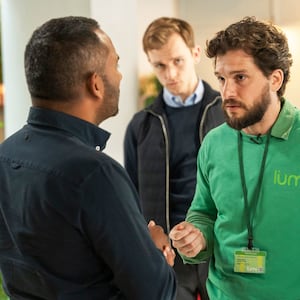 Amol Rajan, Kit Harington and Harry Lawtey in the premiere of Season 3 of Industry.