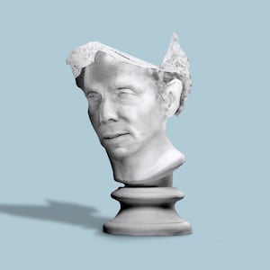 Photo illustration of a marble bust of Malcolm Gladwell with the top cracked.