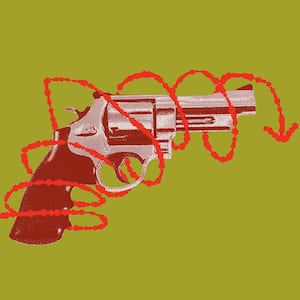 A photo illustration of a handgun wrapped in a red arrow.