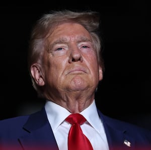 Republican presidential nominee, former U.S. President Donald Trump, looks one during a campaign rally at The Expo at World Market Center Las Vegas on September 13, 2024 in Las Vegas, Nevada.