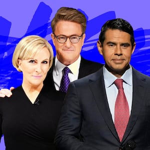 A photo illustration of Mika Brzezinski, Joe Scarborough, and Cesar Conde.