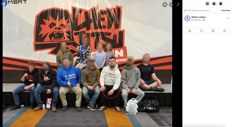 A Facebook post shows Ian Elliott with fellow members of Athens Jiu-Jitsu and two small children at a combat sports tournament in Louisville, Kentucky.