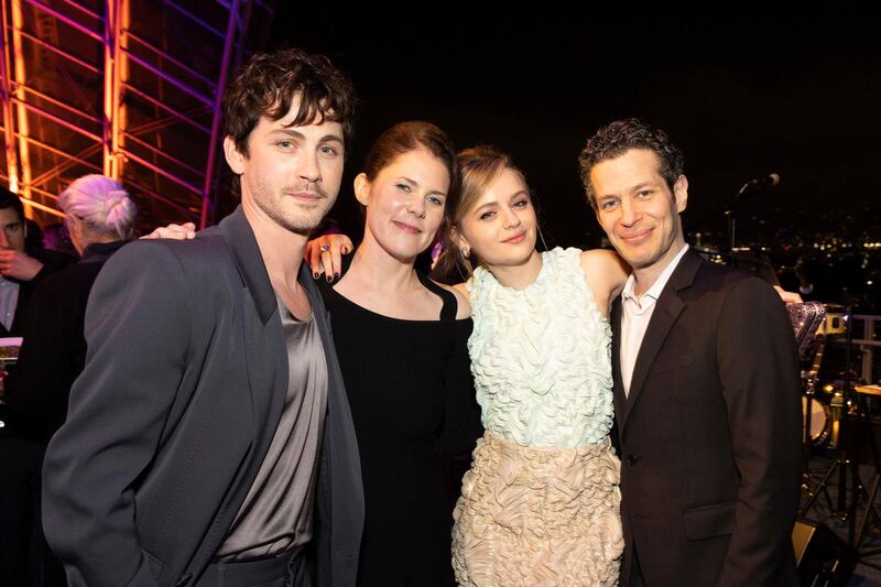 Logan Lerman, Eric Lipez, Joey King and Thomas Kail pose for a photo at a party.