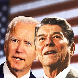 An illustration that includes photos of U.S. President Joe Biden and former U.S. President Ronald Reagan