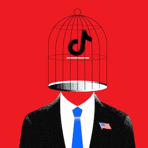 A photo illustration of a man with a cage with the TikTok logo as a head