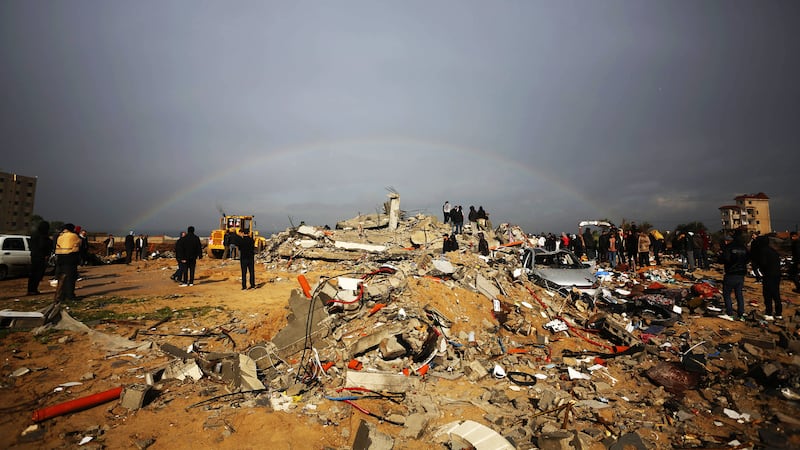 A photo including several buildings destroyed in an Israeli airstrike attack