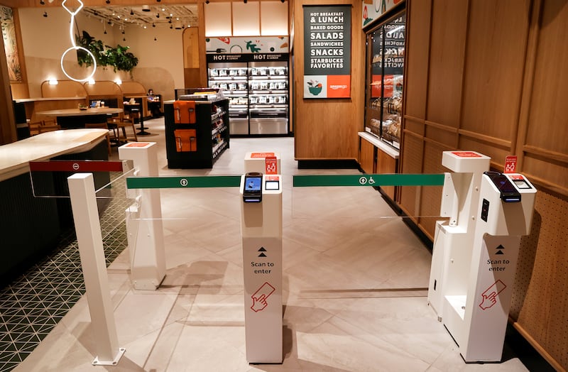 The entrance turnstiles of a new Starbucks store, its first-ever in partnership with Amazon Go.