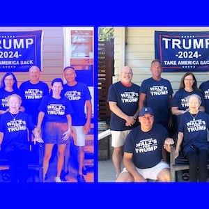 A photo of eight people wearing "Nebraska Walz's for Trump" t-shirts.