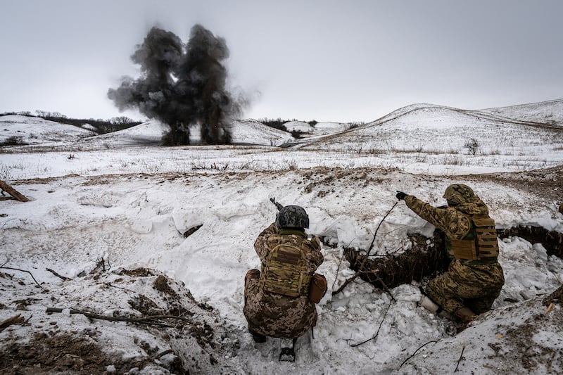 Ukrainian soldiers on the frontline take part in a medical training in Donetsk Oblast, Ukraine.