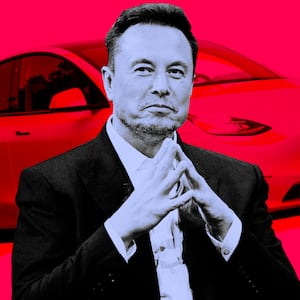 A photo illustration of Elon Musk and a Tesla vehicle.