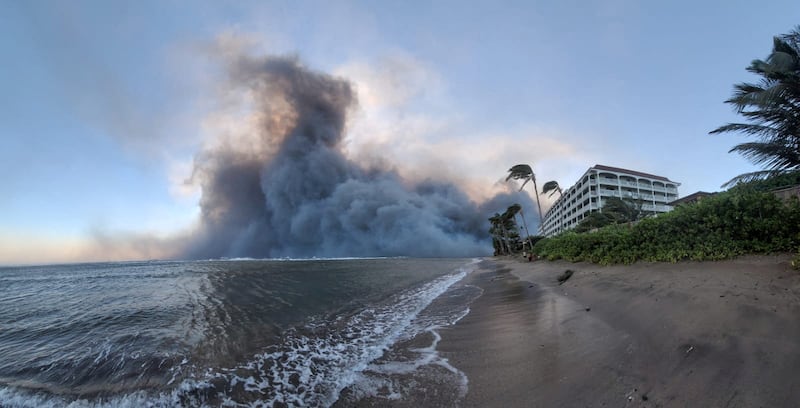 An aerial view shows wildfire smoke in Lahaina. 