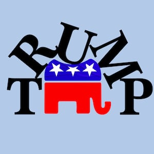 A photo illustration of letters spelling Trump crushing the GOP elephant logo.