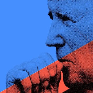 A photo illustration that shows Joe Biden with his hand on his chin has been cut in half with one side in blue and the other in red