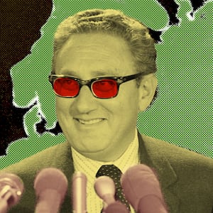 Photo illustration of a younger Henry Kissinger in front of a map of Europe