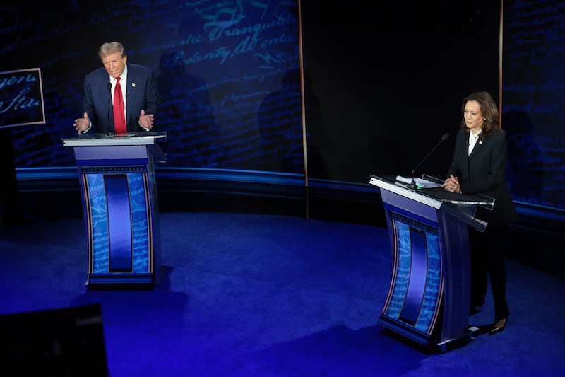 Donald Trump, left, and Kamala Harris debate at The National Constitution Center on September 10, 2024 in Philadelphia, Pennsylvania.