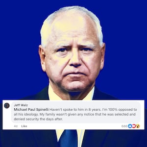 A photo illustration of Tim Walz and a Facebook comment from his brother Jeff Walz.