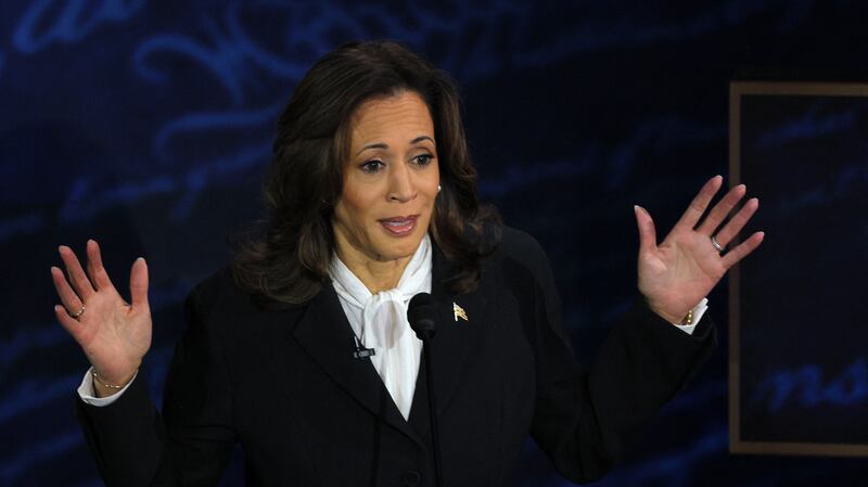 Kamala Harris speaks during a presidential debate hosted by ABC with Republican presidential nominee, former U.S. President Donald Trump, in Philadelphia, Pennsylvania, U.S., September 10, 2024.