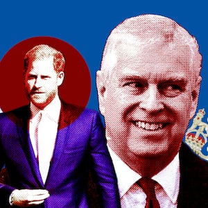 A photo illustration of Prince Harry and Prince Andrew and parts of the UK Coat of Arms.