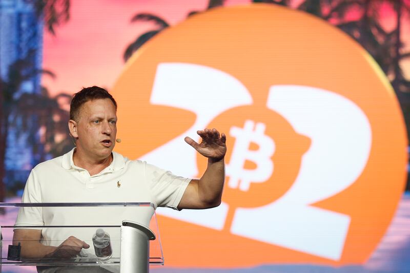 Peter Thiel, co-founder of PayPal, Palantir Technologies speaks during a Bitcoin conference.