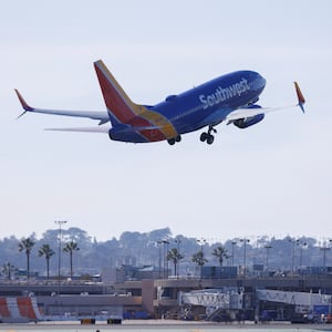 A Southwest passenger flight takes off from San Diego, California.