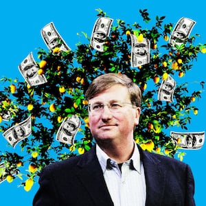 A photo illustration shows Tate Reeves in front of a lemon tree that has lemons and hundred dollar bills growing on it.