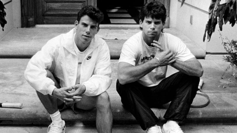 Menendez brothers, Erik, left, and Lyle on the steps of their Beverly Hills home in November, 1989.