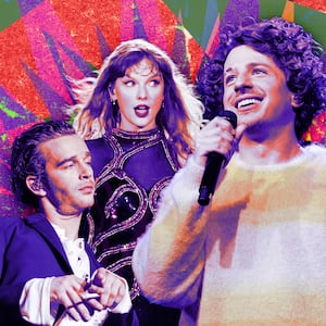 A photo illustration of Matty Healy, Taylor Swift, and Charlie Puth.