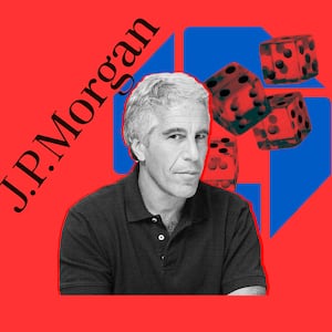 A photo illustration of Jeffrey Epstein and JPMorgan Chase logos.