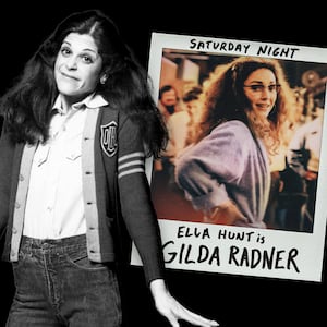 A photo illustration of Gilda Radner and Ella Hunt