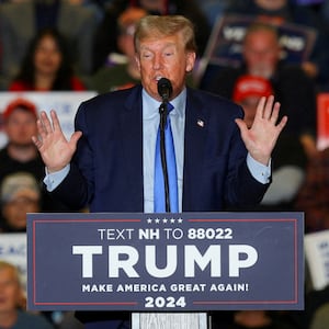 Republican presidential candidate and former U.S. President Donald Trump speaks during a campaign rally in Claremont, New Hampshire