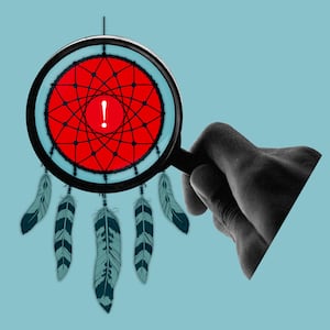 A photo illustration of a Native American dreamcatcher with a fraud alert red symbol in the center and magnifying glass