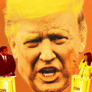 An illustration that includes a photo of former U.S. President Donald Trump, Nikki Haley, and Ron DeSantis.