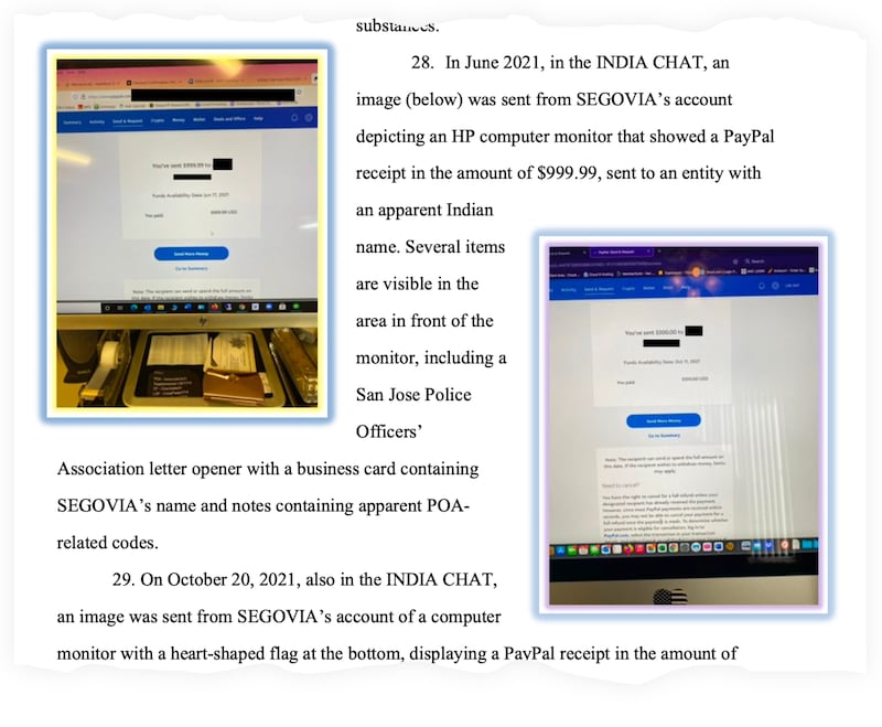 A snippet of the criminal complaint against Joanne Segovia, showing a PayPal receipt from one of her alleged purchases