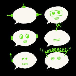 Nine white speech bubbles on a black background with green robot doodles