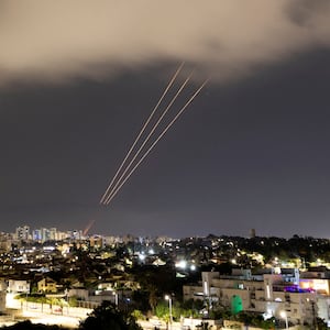 Israeli air defense shoots down an incoming missile over Israel.