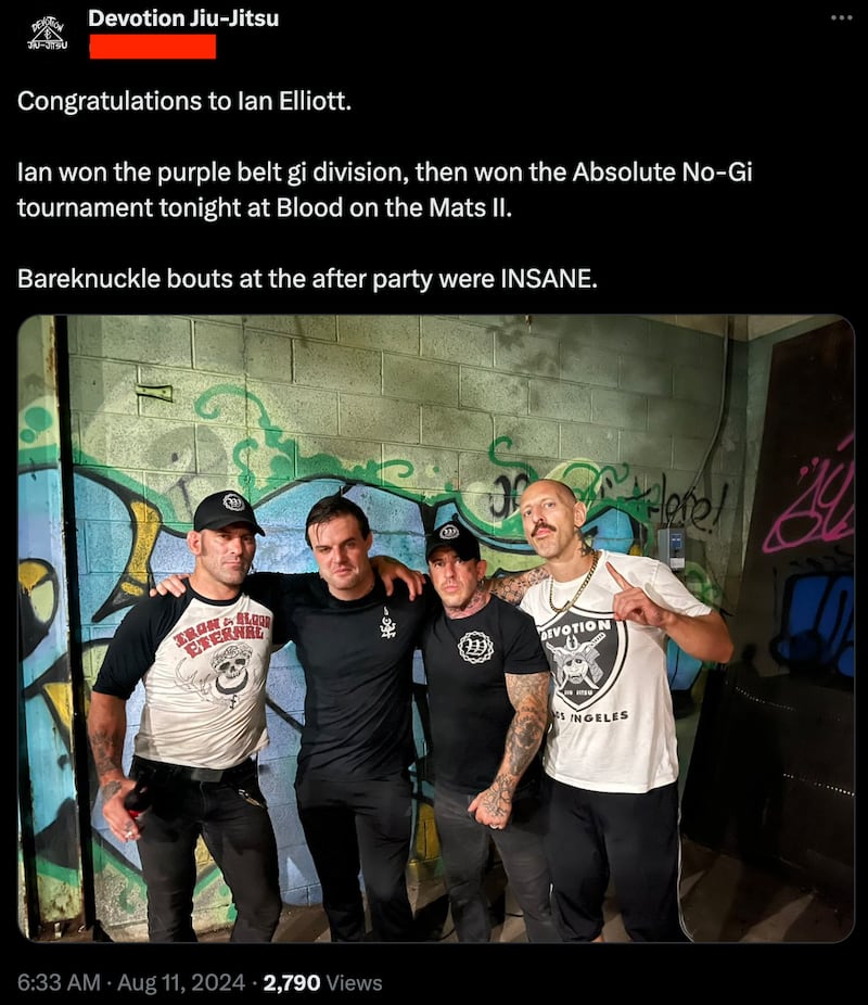 An X post from Aug. 11, 2024, shows Ian Elliott with members of the far-right Devotion Jiu-Jitsu school.