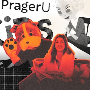 A photo composite made up of stills from the Prager U Kids alleged curriculum