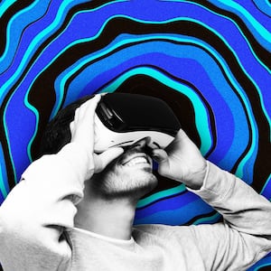 An illustration including a photo of a person with a VR headset in front of a warped colored background